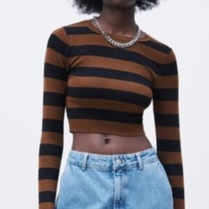 Zara Women's Soft Ribbed Knit Cropped Sweater, Brown & Black, SMALL
